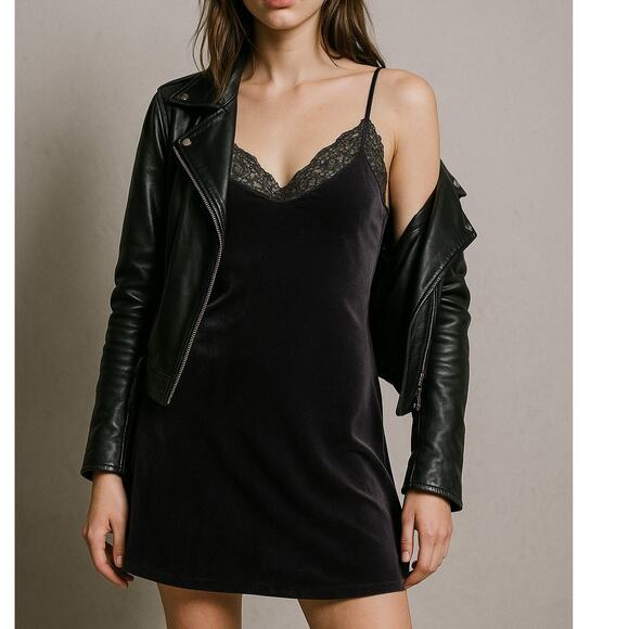 Free People Velvet Slip Gray Mini Lace Dress Small 90s Grunge Y2K - Picture 1 of 10